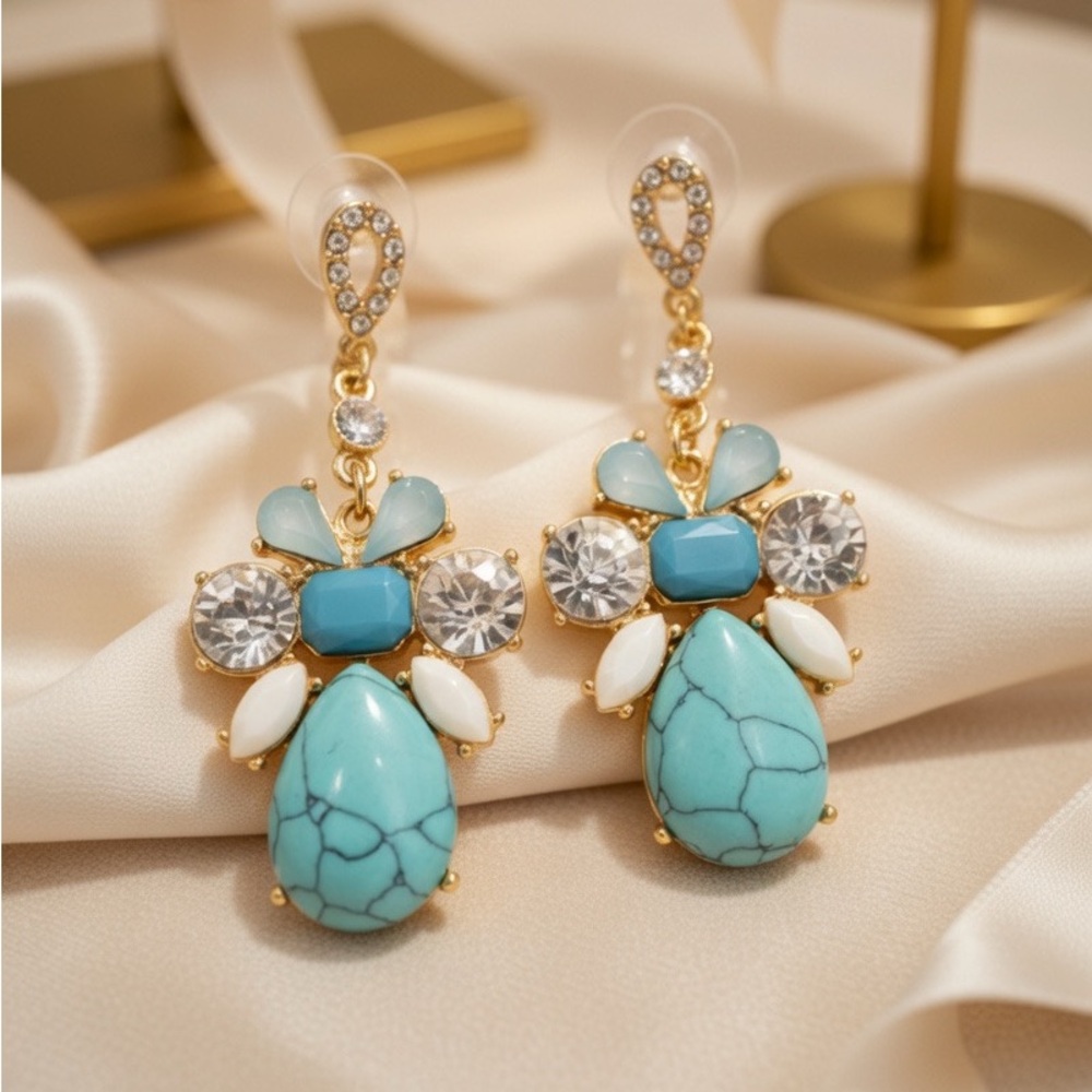 Gold Tone Faux Turquoise Stone Dangle Drop Statement Earrings Cocktail Sparkle